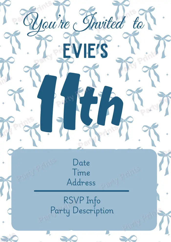 Darling Bows invitation — preppy navy and denim coquette bows