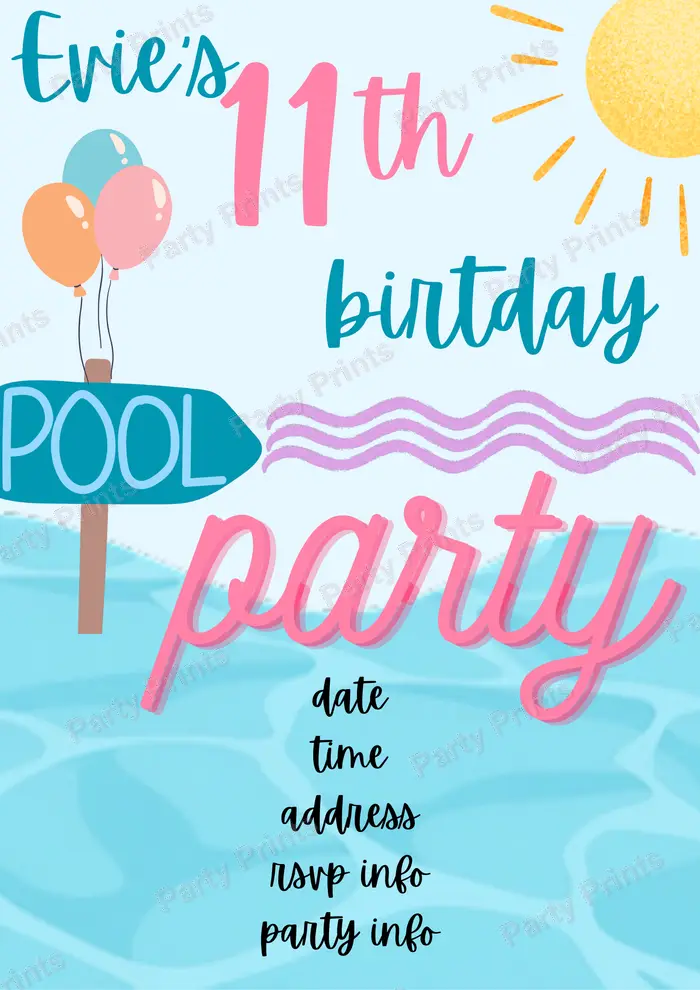 Splish and Splash invitation — pool and waves in aqua, teal and pink